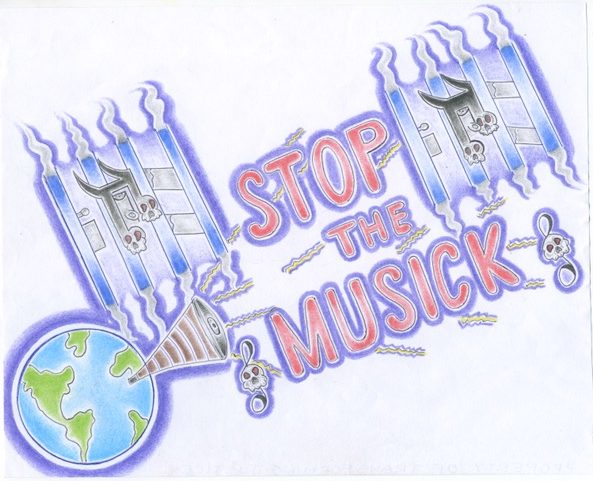 Colored pencil drawing of two jail buildings with sinister music symbols; a globe in the bottom left corner shouts through a bullhorn "Stop the Musick" (spelled M U S I C K like the facility name)